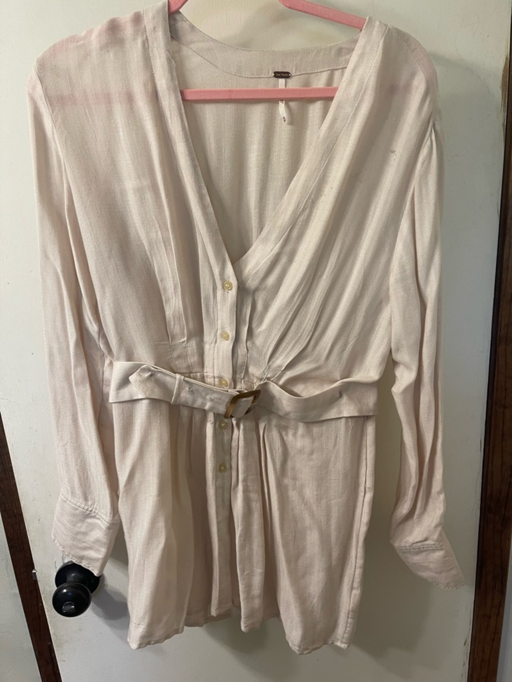 Free People Light Cream, Button Front Belted Mini Dress Sz M #62